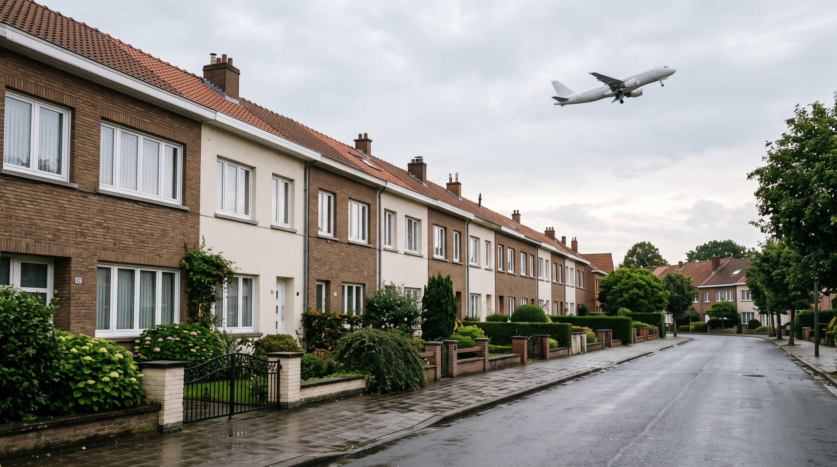 Rue résidentielle du nord-est de Bruxelles sous le passage d'un avion de ligne (image générée par IA)