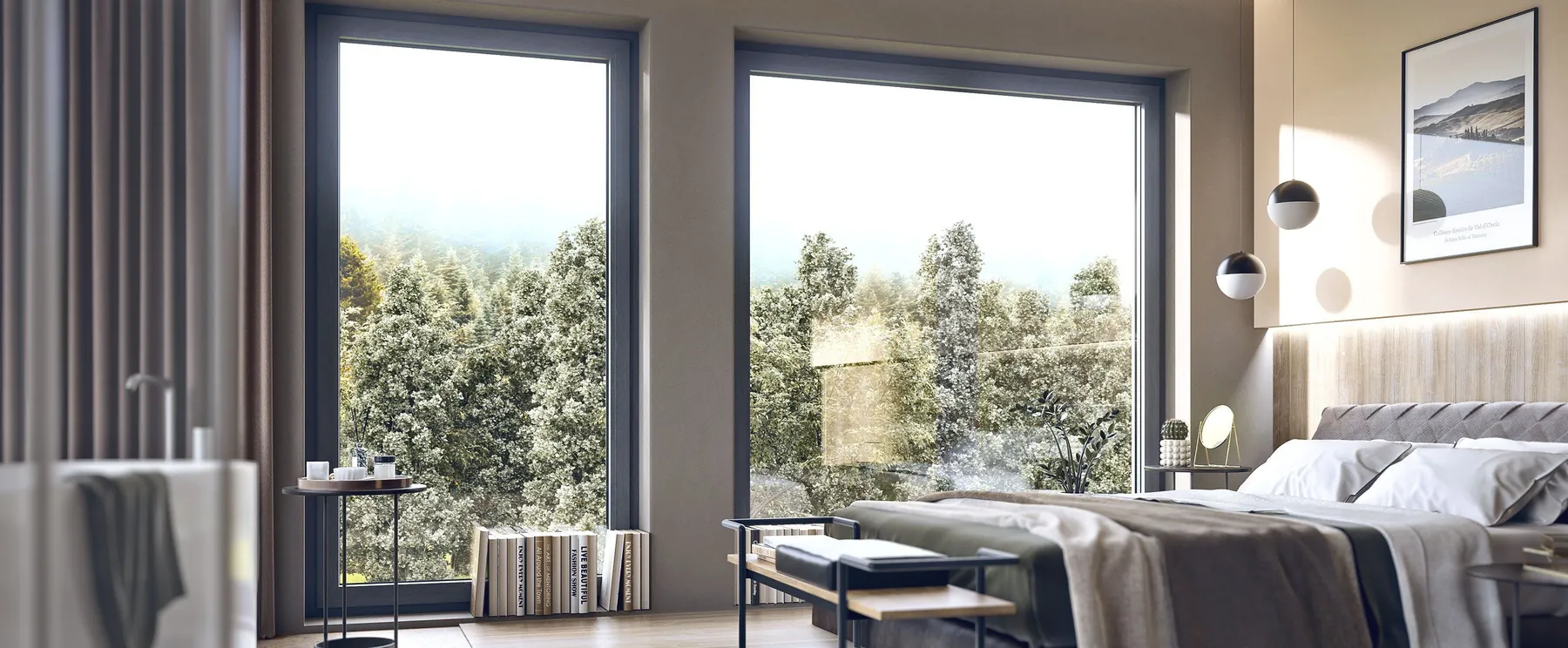 Chambre avec deux grandes fenêtres PVC à cadre gris foncé
