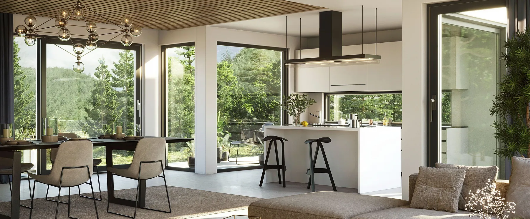 Séjour-cuisine ouvert sur la forêt, grandes baies PVC anthracite
