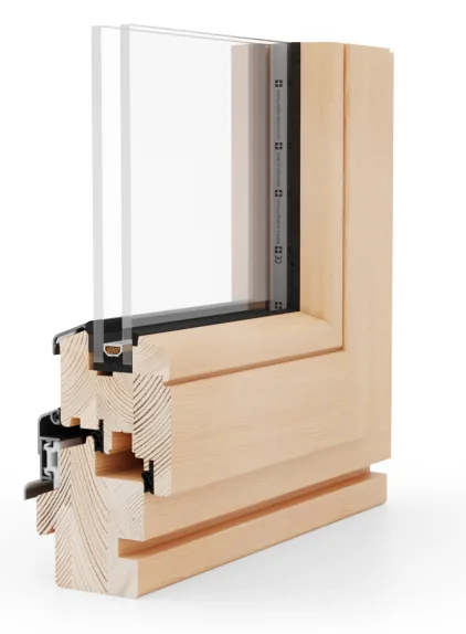 Angle d’une fenêtre Naturo 68 en pin, vu de l’intérieur