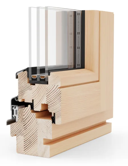 Angle d’une fenêtre Naturo 80 en pin, vu de l’intérieur