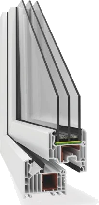 Coupe du profilé PVC Veka V82 Powertherm+ avec triple vitrage